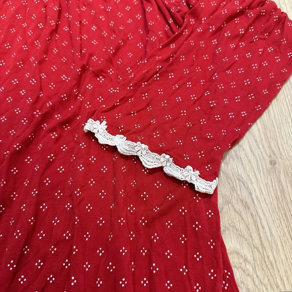 EILEEN WEST 100% MODAL‎ KNIT GOWN LONG SLV Red Lace Cottagecore Trad Wife Sz 3X